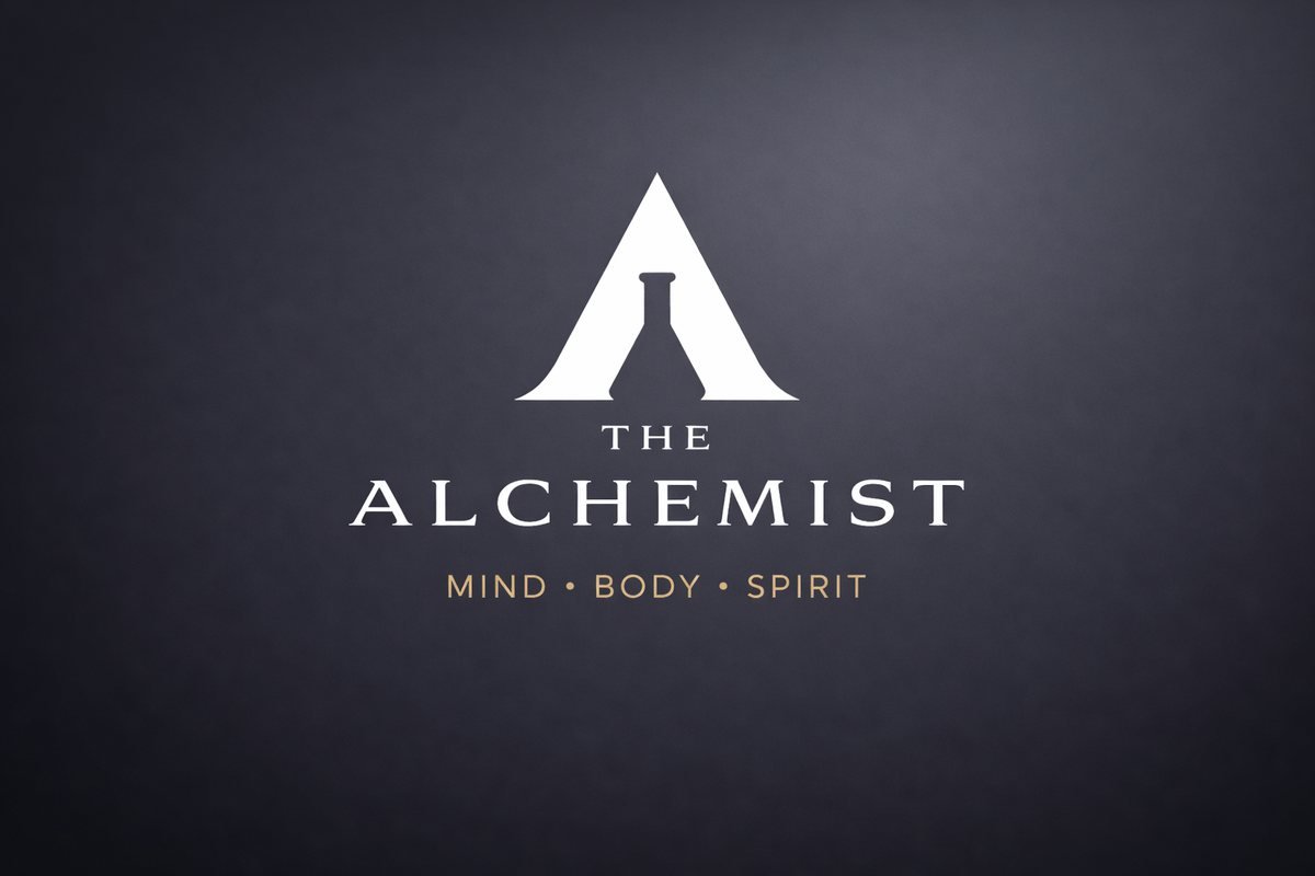 The Alchemist logo lockup with the line Mind, Body, Spirit on a dark background