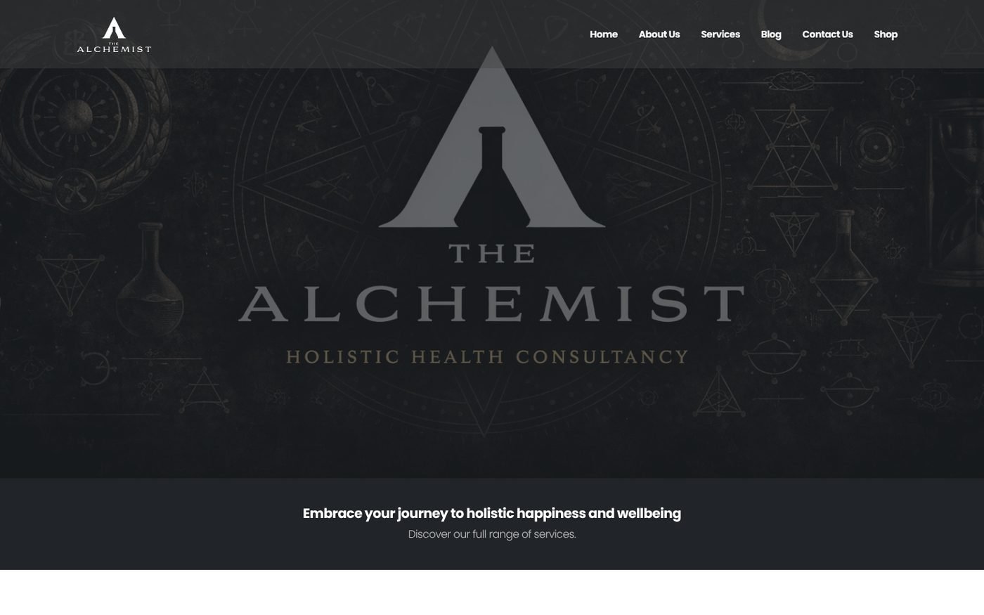 The Alchemist homepage on a desktop screen, with the logo over a dark alchemy-themed banner